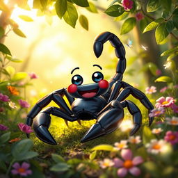 A cheerful black scorpion with a glossy exoskeleton, positioned in a vibrant, enchanted forest