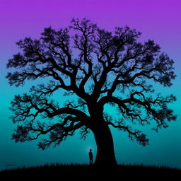 A serene silhouette of a person standing under a large, sprawling tree with wide-spreading branches
