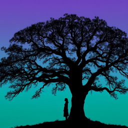 A serene silhouette of a person standing under a large, sprawling tree with wide-spreading branches