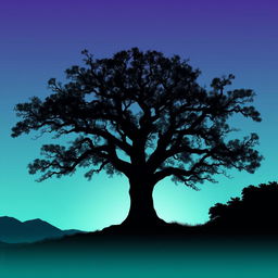 A serene silhouette of a person standing under a large, sprawling tree with wide-spreading branches