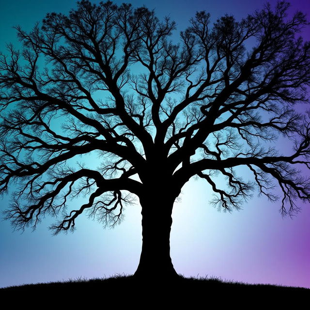 A serene silhouette of a person standing under a large, sprawling tree with wide-spreading branches