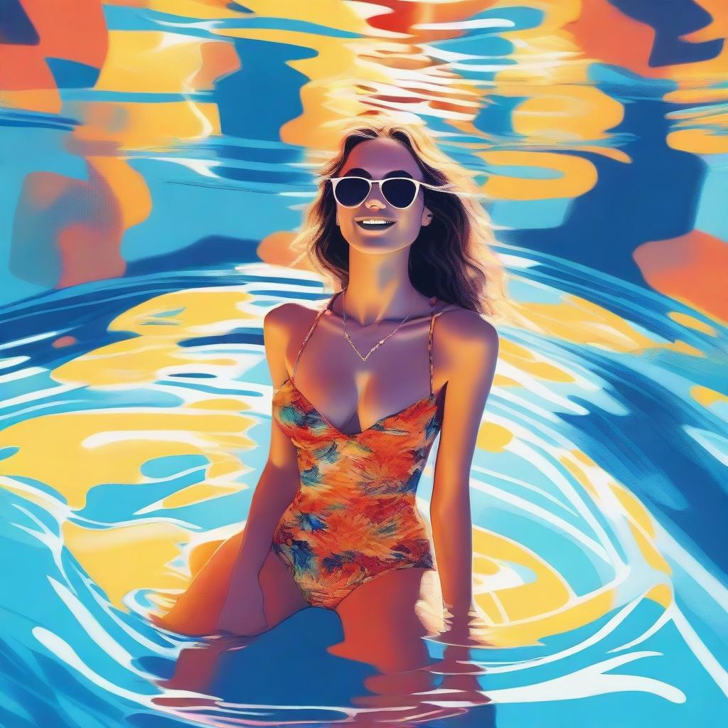 A high quality digital art piece depicting a tastefully done scene of a young woman enjoying her time in a swimming pool