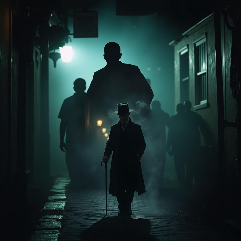 A mysterious figure walks down a dimly lit street at night, surrounded by a thick fog