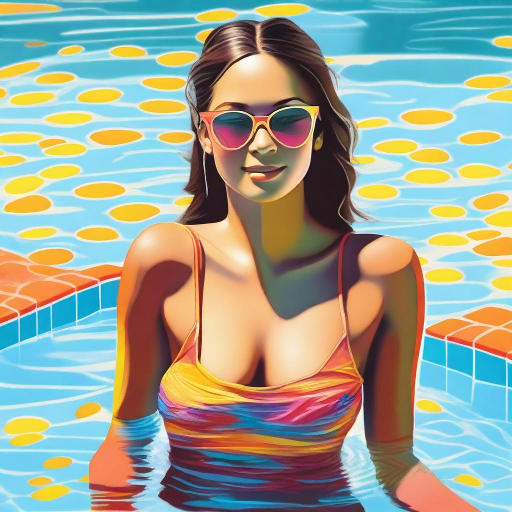 A high quality digital art piece depicting a tastefully done scene of a young woman enjoying her time in a swimming pool