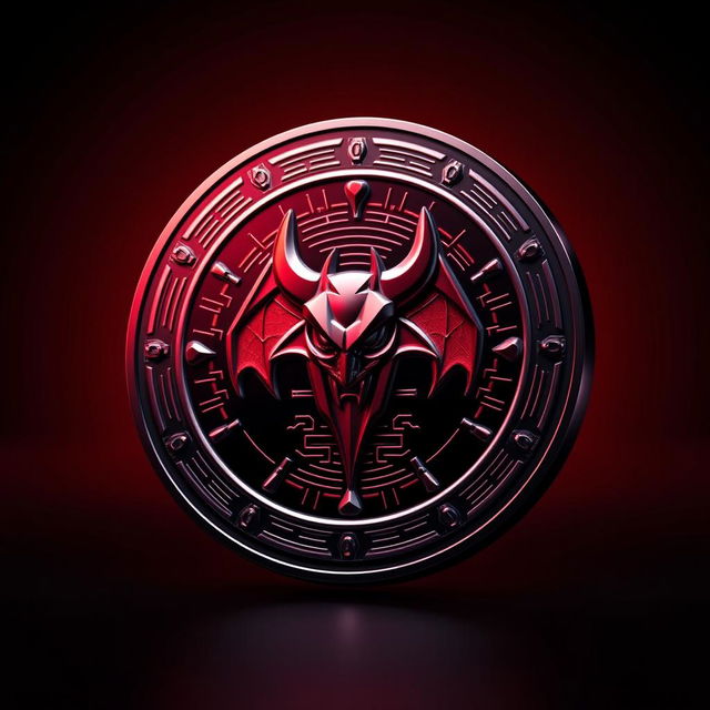 A sleek, modern digital currency token designed with a prominent devil symbol in the center, showcasing intricate details