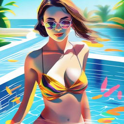 A high quality digital art piece depicting a tastefully done scene of a young woman enjoying her time in a swimming pool