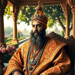 A majestic portrait of Shah Jahan, the Mughal emperor known for his architectural masterpieces, particularly the Taj Mahal