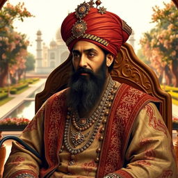 A majestic portrait of Shah Jahan, the Mughal emperor known for his architectural masterpieces, particularly the Taj Mahal