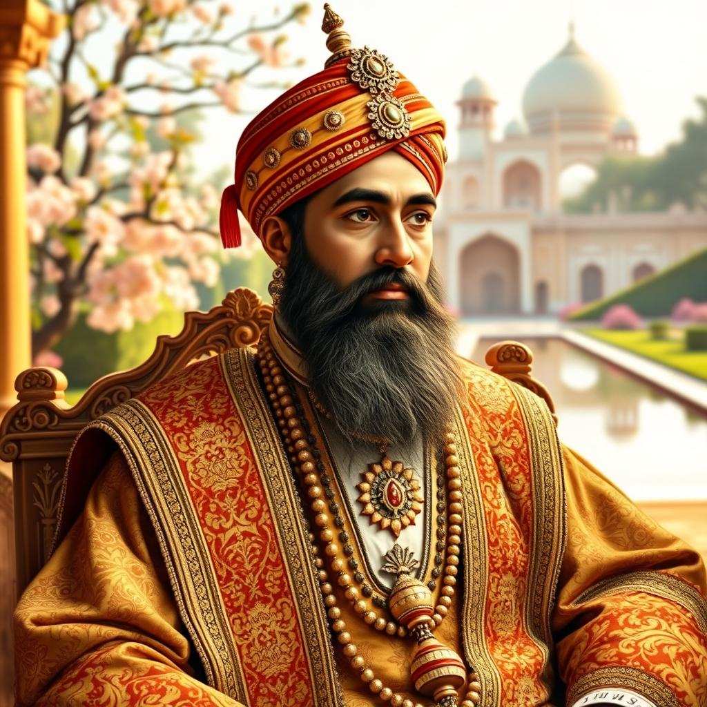 A majestic portrait of Shah Jahan, the Mughal emperor known for his architectural masterpieces, particularly the Taj Mahal