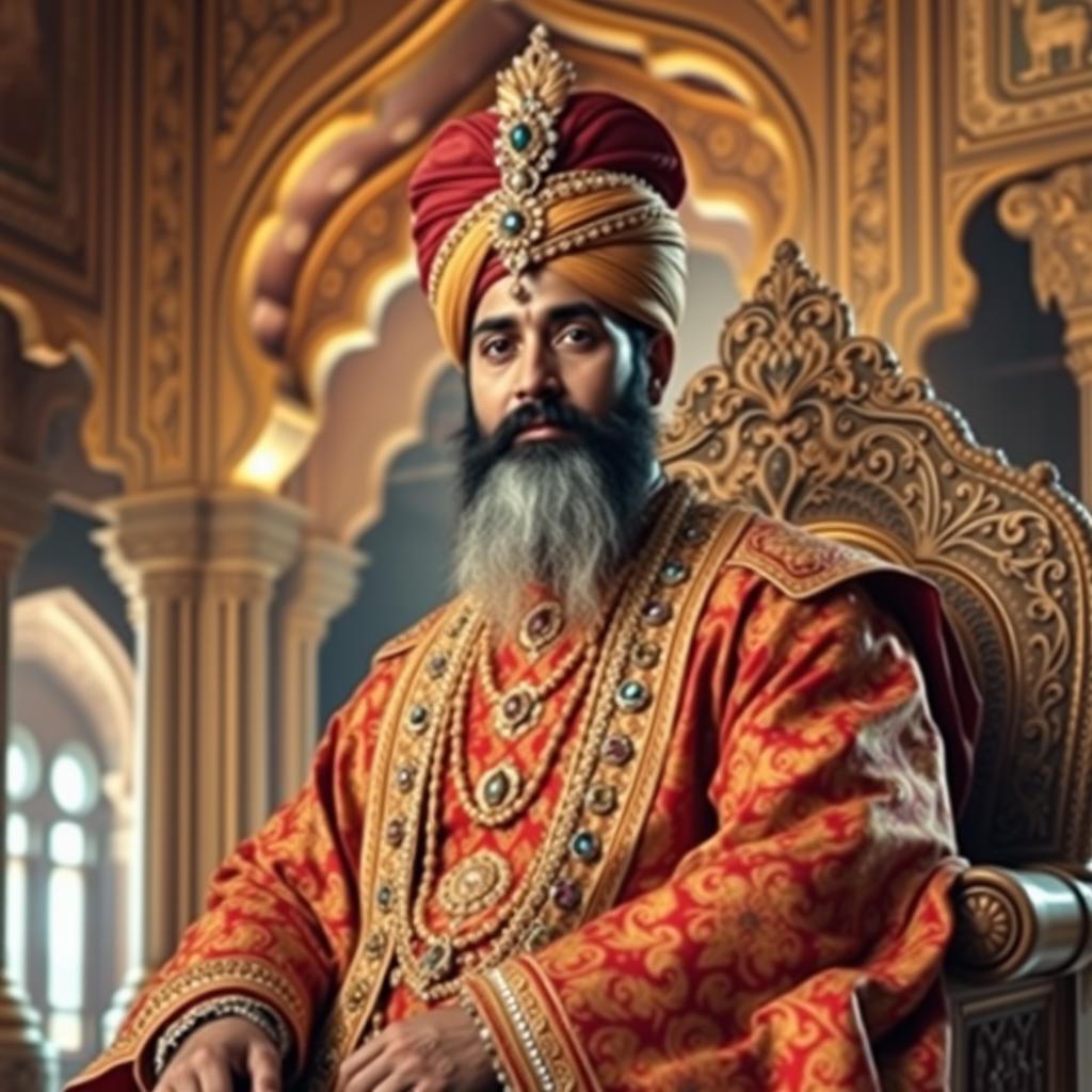 A regal portrait of Shah Jahan, the Mughal emperor known for his architectural masterpieces, featuring him seated on an ornate throne adorned with intricate gold and jewel designs