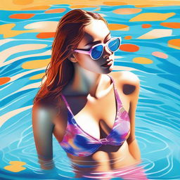 A high quality digital art piece depicting a tastefully done scene of a young woman enjoying her time in a swimming pool