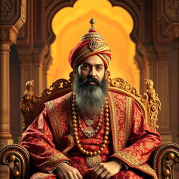 A regal portrait of Shah Jahan, the Mughal emperor known for his architectural masterpieces, featuring him seated on an ornate throne adorned with intricate gold and jewel designs