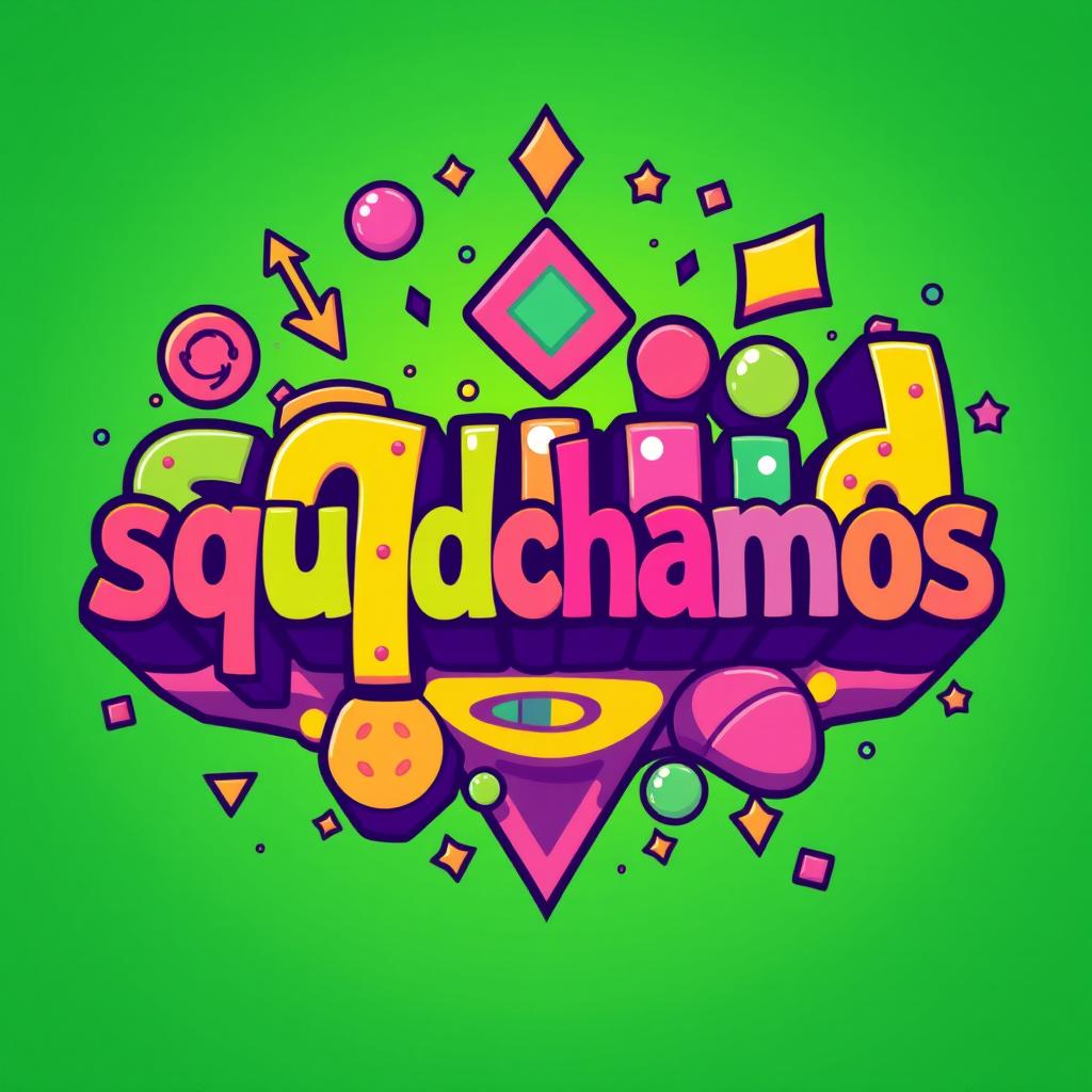 A visually engaging design featuring the word 'squidchamos' styled in vibrant colors reminiscent of the game 'Squid Game'