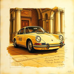 A poster featuring a classic Porsche 911 car, depicted in the style of Leonardo da Vinci