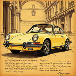 A poster featuring a classic Porsche 911 car, depicted in the style of Leonardo da Vinci