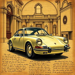 A poster featuring a classic Porsche 911 car, depicted in the style of Leonardo da Vinci