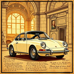 A poster featuring a classic Porsche 911 car, depicted in the style of Leonardo da Vinci
