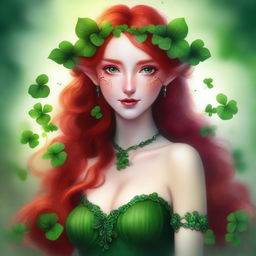 This digital art image depicts a red-haired elf girl in a sensual manner