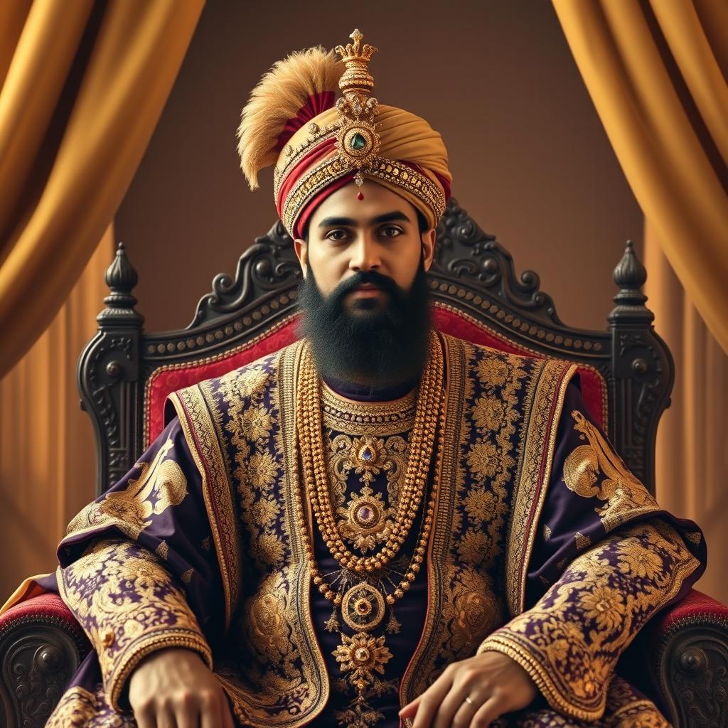 A majestic portrait of Shah Jahan, the Mughal emperor known for commissioning the Taj Mahal