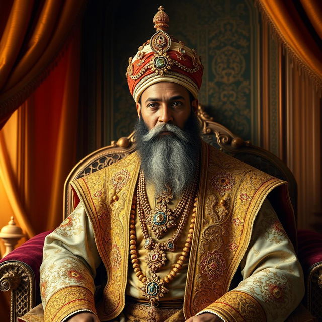 A majestic portrait of Shah Jahan, the Mughal emperor known for commissioning the Taj Mahal