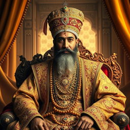 A majestic portrait of Shah Jahan, the Mughal emperor known for commissioning the Taj Mahal