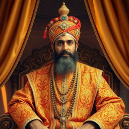 A majestic portrait of Shah Jahan, the Mughal emperor known for commissioning the Taj Mahal