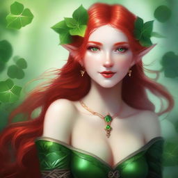 This digital art image depicts a red-haired elf girl in a sensual manner