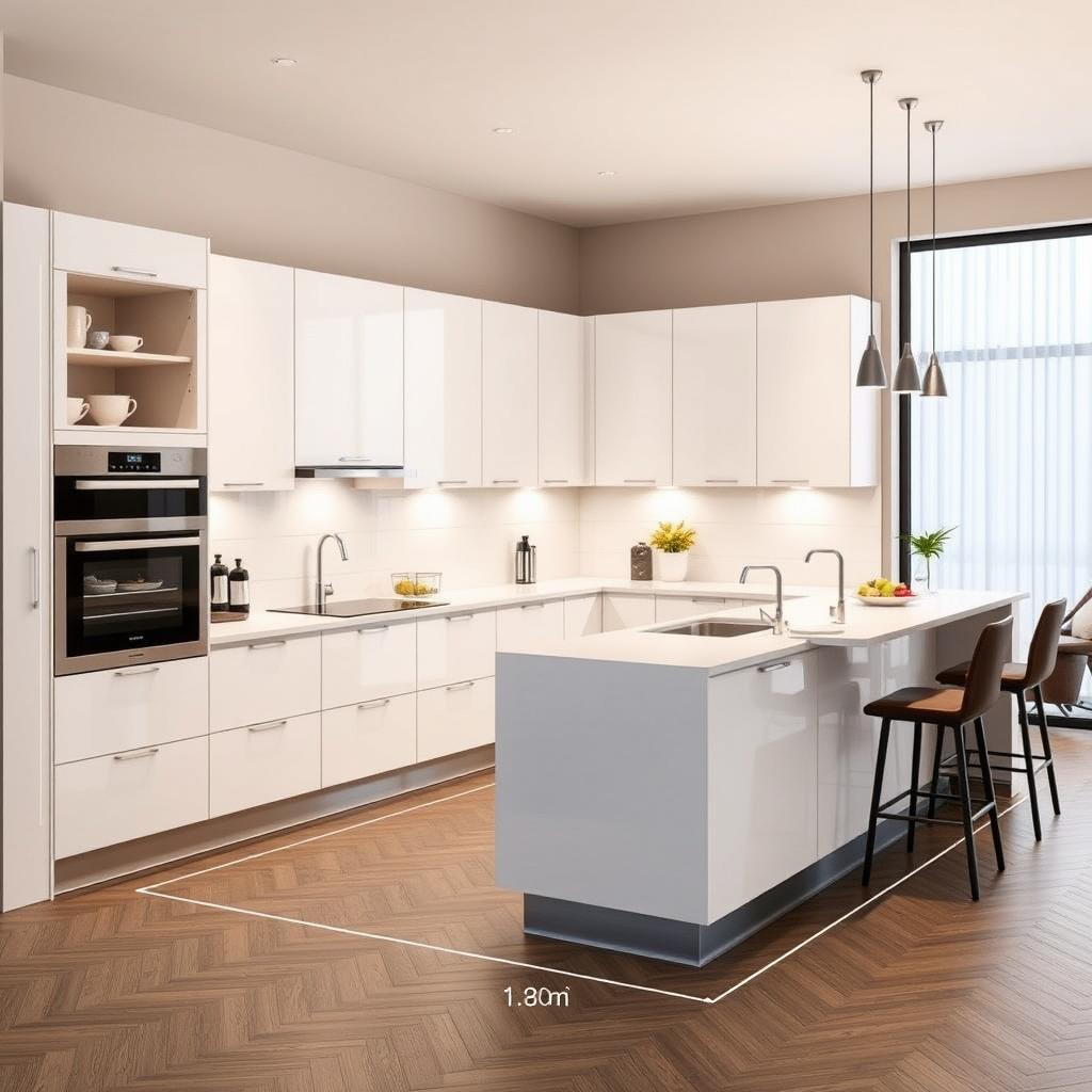 A modern U-shaped kitchen design measuring 3