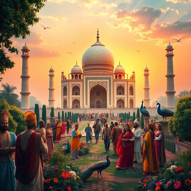 An elaborate and vibrant scene capturing the grandeur of India under Emperor Shah Jahan, featuring the intricate architecture of the Taj Mahal bathed in the warm glow of sunset