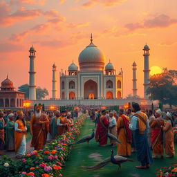 An elaborate and vibrant scene capturing the grandeur of India under Emperor Shah Jahan, featuring the intricate architecture of the Taj Mahal bathed in the warm glow of sunset