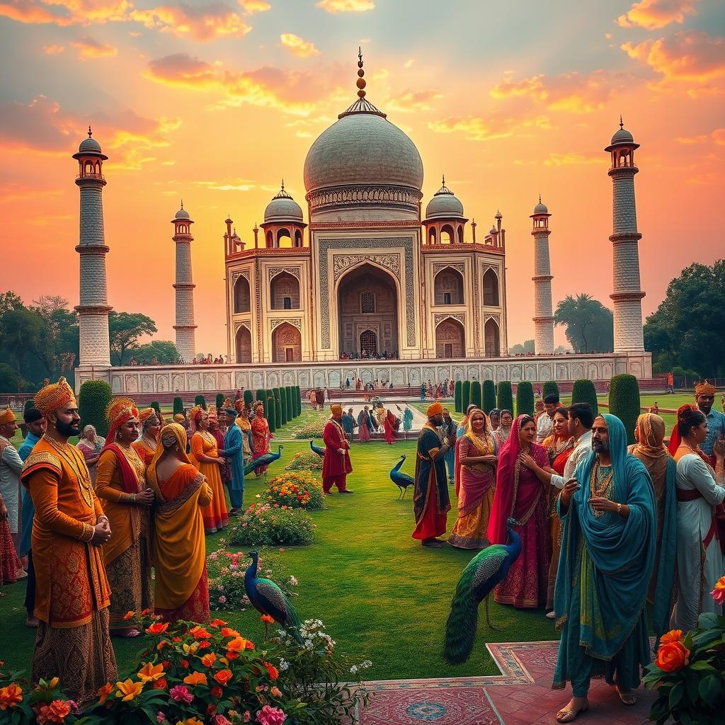 An elaborate and vibrant scene capturing the grandeur of India under Emperor Shah Jahan, featuring the intricate architecture of the Taj Mahal bathed in the warm glow of sunset