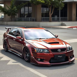 A Toyota Chaser 100, showcasing a stunning dark caramel-purple color with a sleek and aggressive body kit