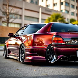 A Toyota Chaser 100, showcasing a stunning dark caramel-purple color with a sleek and aggressive body kit