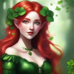 This digital art image depicts a red-haired elf girl in a sensual manner