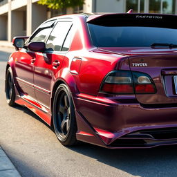 A Toyota Chaser 100, showcasing a stunning dark caramel-purple color with a sleek and aggressive body kit