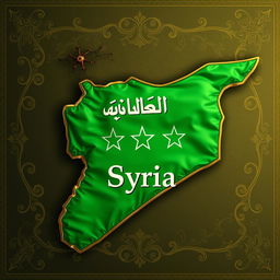 A lavishly designed map of Syria showcasing the green flag of Syria