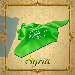 A lavishly designed map of Syria showcasing the green flag of Syria