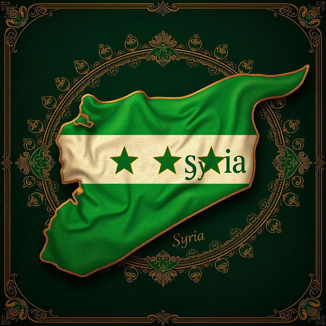 A lavishly designed map of Syria showcasing the green flag of Syria