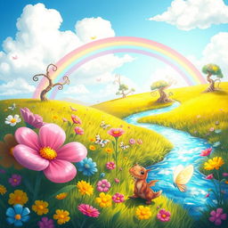 A whimsical, colorful fantasy landscape that represents "Riya's World"