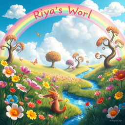 A whimsical, colorful fantasy landscape that represents "Riya's World"