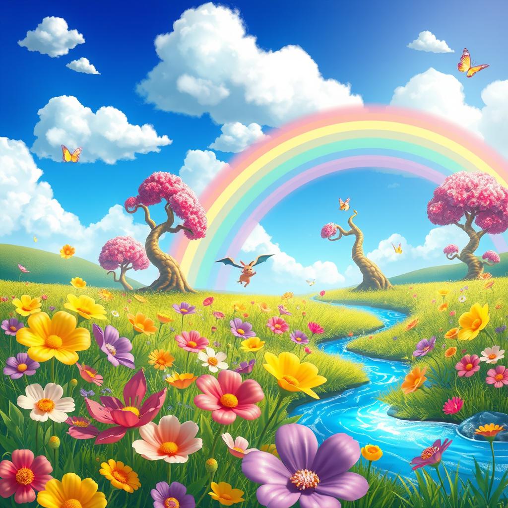 A whimsical, colorful fantasy landscape that represents "Riya's World"