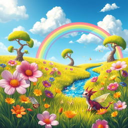 A whimsical, colorful fantasy landscape that represents "Riya's World"