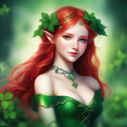 This digital art image depicts a red-haired elf girl in a sensual manner