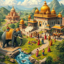 A vibrant and detailed portrayal of ancient Indian kingdoms, showcasing their architectural marvels like grand palaces, intricate temples, and bustling marketplaces