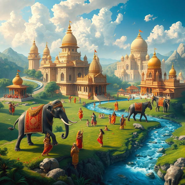 A vibrant and detailed portrayal of ancient Indian kingdoms, showcasing their architectural marvels like grand palaces, intricate temples, and bustling marketplaces