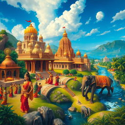 A vibrant and detailed portrayal of ancient Indian kingdoms, showcasing their architectural marvels like grand palaces, intricate temples, and bustling marketplaces