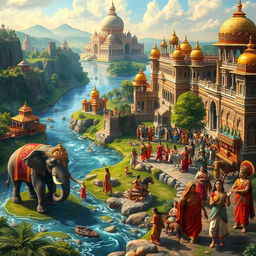 A vibrant and detailed portrayal of ancient Indian kingdoms, showcasing their architectural marvels like grand palaces, intricate temples, and bustling marketplaces