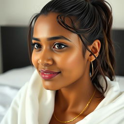 A highly detailed and realistic image of a wet, round, very fair-skinned Sri Lankan office lady named Nishadi, aged 23