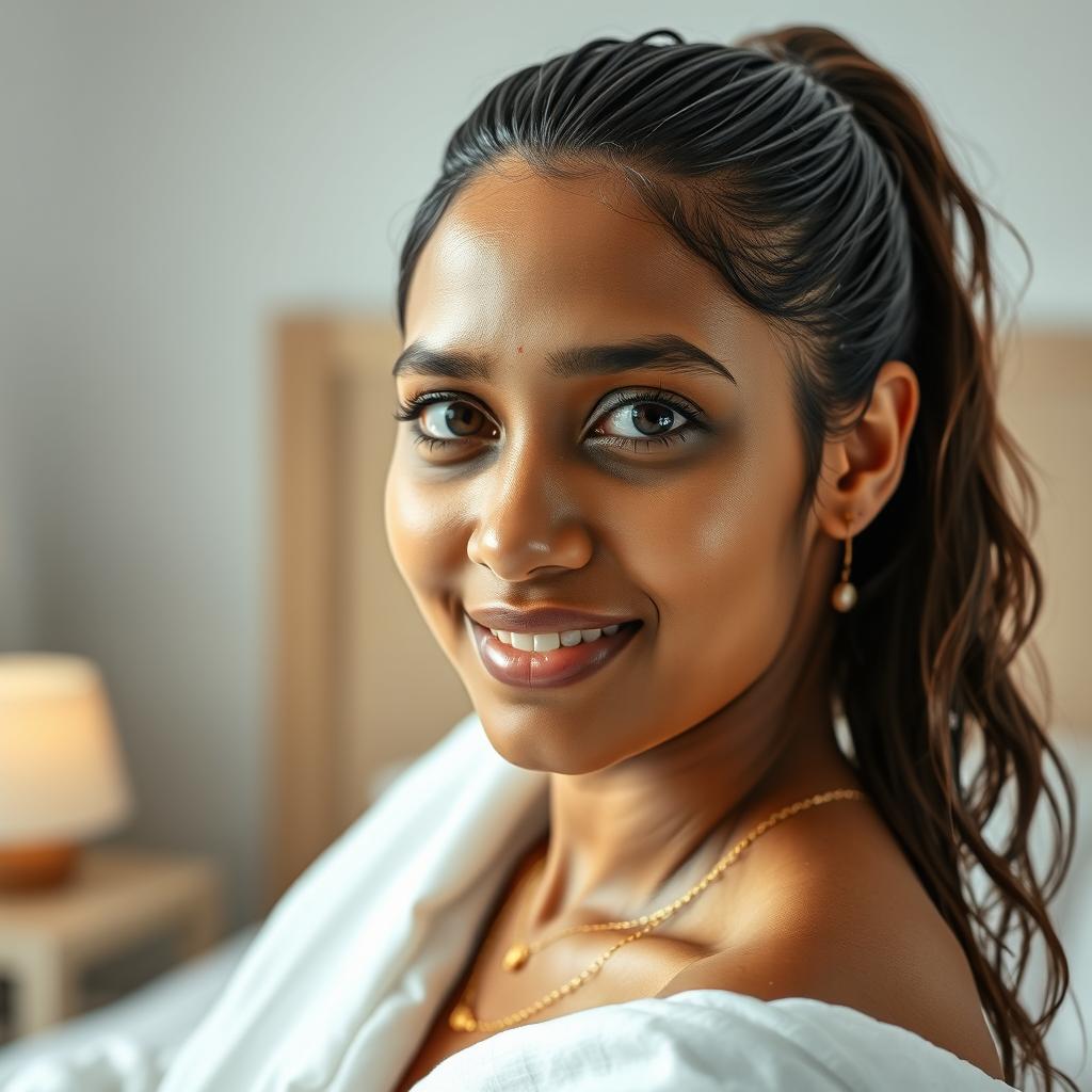 A highly detailed and realistic image of a wet, round, very fair-skinned Sri Lankan office lady named Nishadi, aged 23