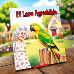 A vibrant book cover illustration featuring a colorful parrot perched on a fence in a sunny backyard, with an elderly lady looking at it attentively